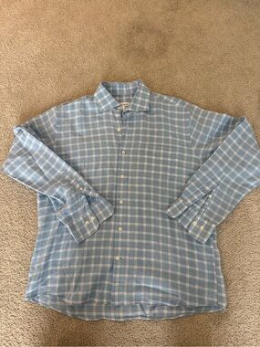 Peter Millar linen Light Blue Plaid Button-Down Shirt Large